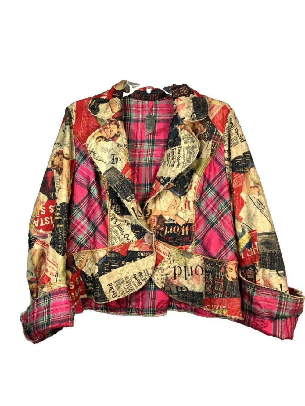 Y2K Decoupage Newspaper Print Nothing Matches Scissors Paper Rock  Crop Jacket